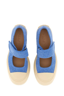 Marni women’s mary jane sneaker in blue denim with cream rubber sole and adjustable velcro strap