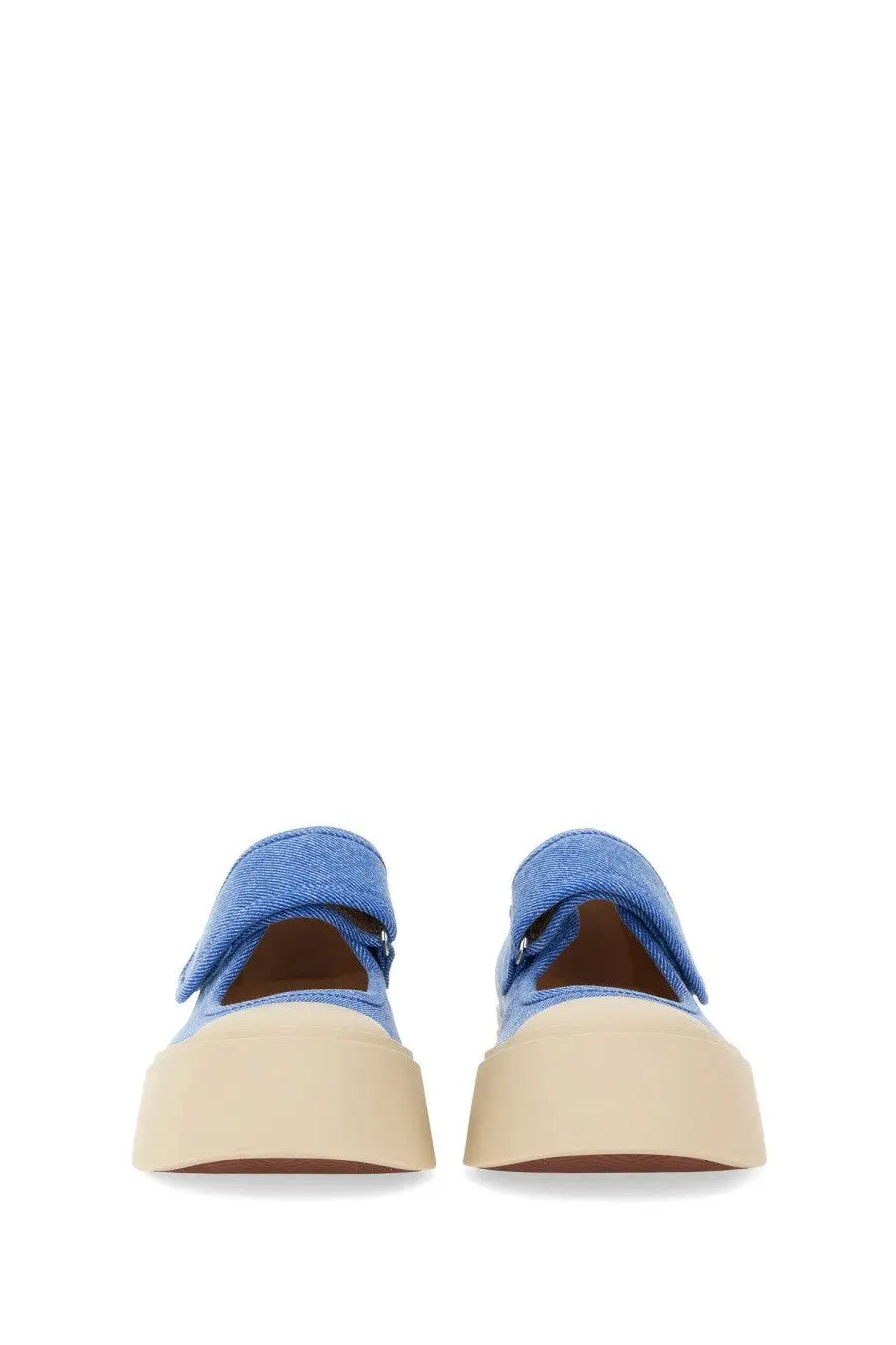 Marni women’s mary jane sneaker blue slip-on platform shoe in blue denim with beige rubber sole front view