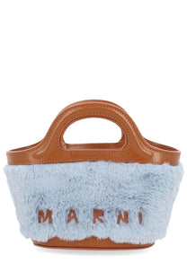 Light blue faux fur Marni women’s micro tropicalia handbag with brown leather handles and base