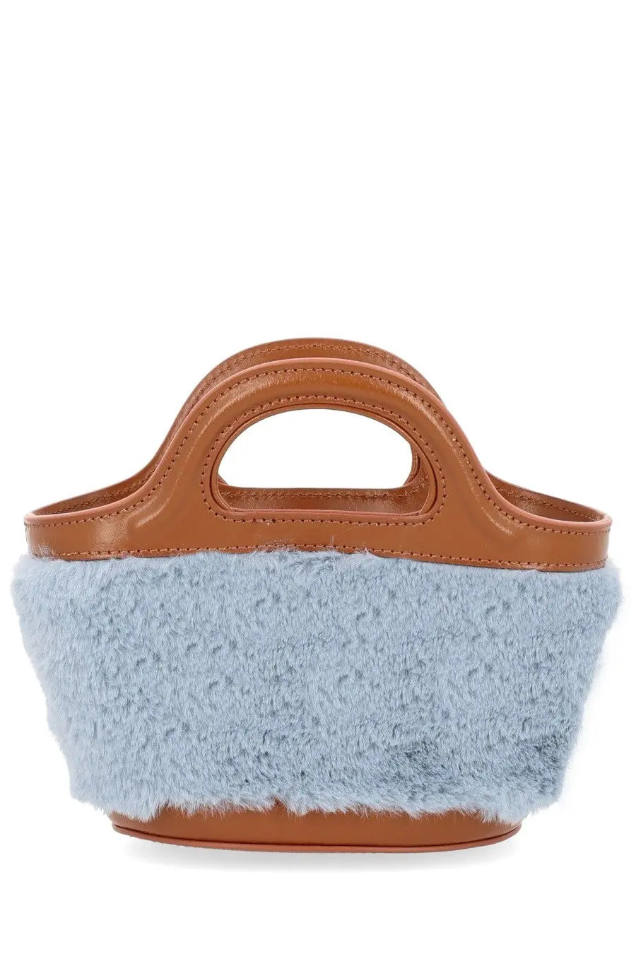 Marni women’s micro tropicalia bag in light blue faux fur with tan leather handles and base