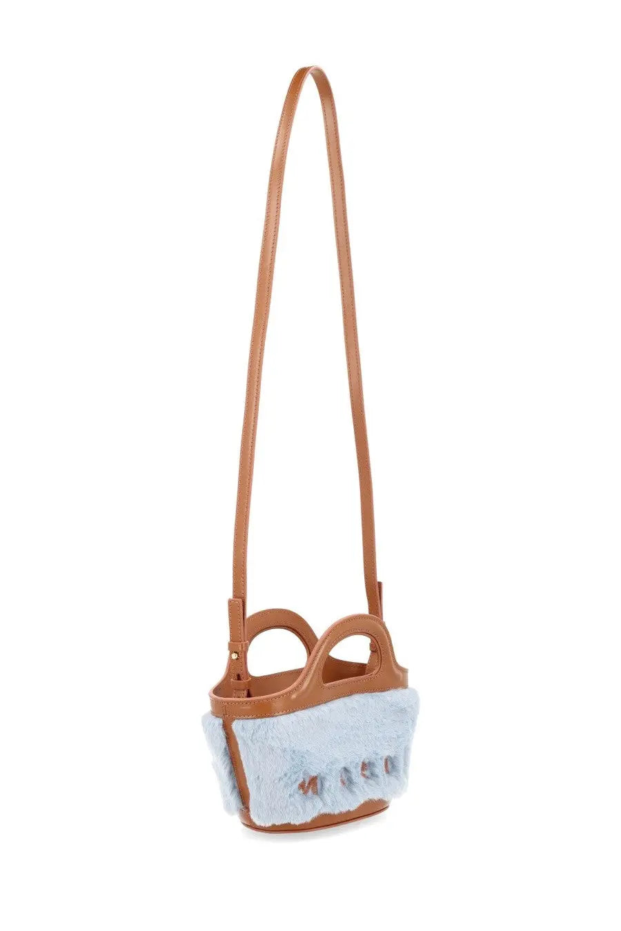 Marni women’s micro tropicalia bag blue light blue faux fur mini crossbody with tan leather handles and strap