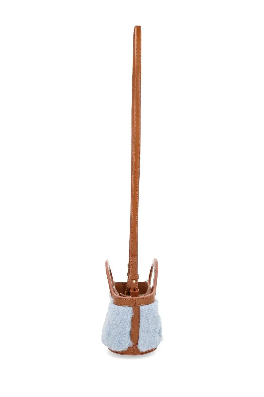 Marni women’s micro tropicalia bag blue with light blue fuzzy texture and tan leather top and strap crossbody design