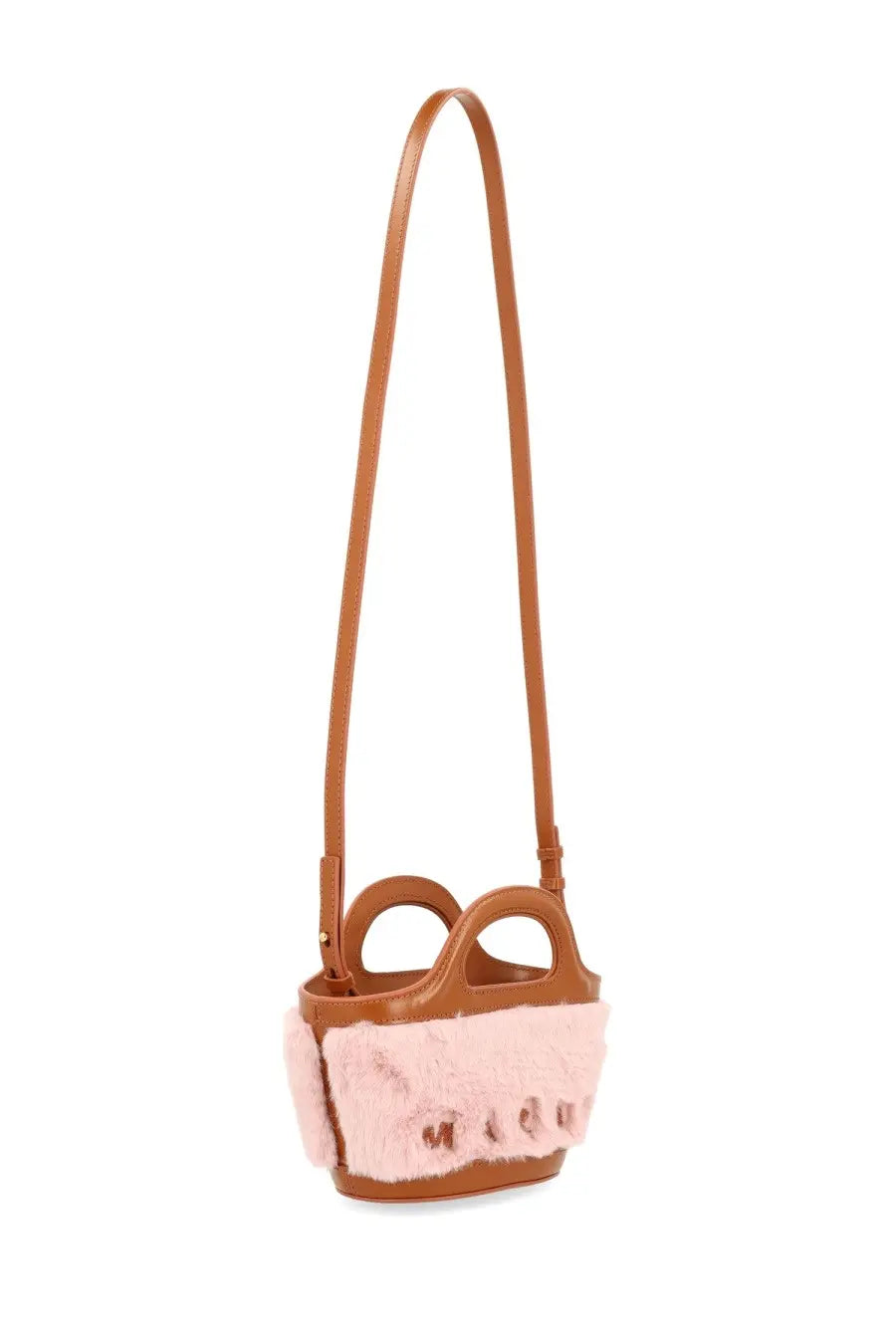 A pink and brown miu miu mini handbag with a fuzzy front panel circular handles and long shoulder strap