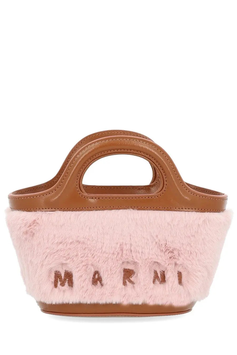 Pink fuzzy marni handbag with brown leather handles and base perfect for stylish everyday use