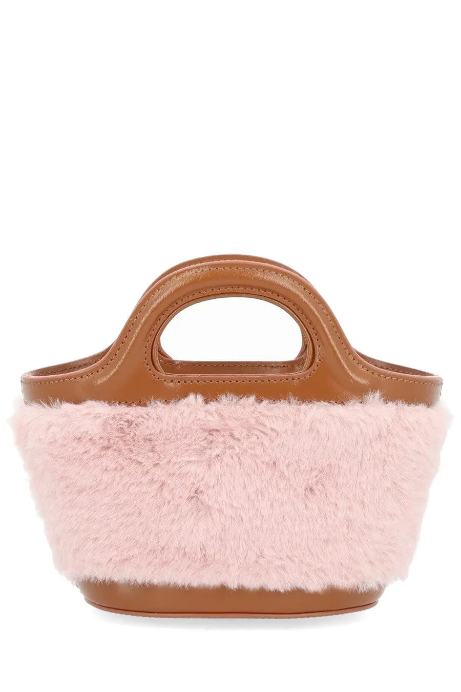 A soft pink faux fur handbag with tan leather handles and base by marni from the women’s micro tropicalia bag blue line