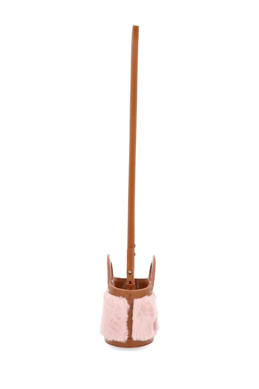 Marni women micro tropicalia bag blue tan leather bucket bag with soft pink faux fur trim and long matching strap