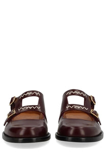 Brown leather mary jane sandals with gold-tone buckles and white zigzag stitching by marni women moccasin sabot bambi red