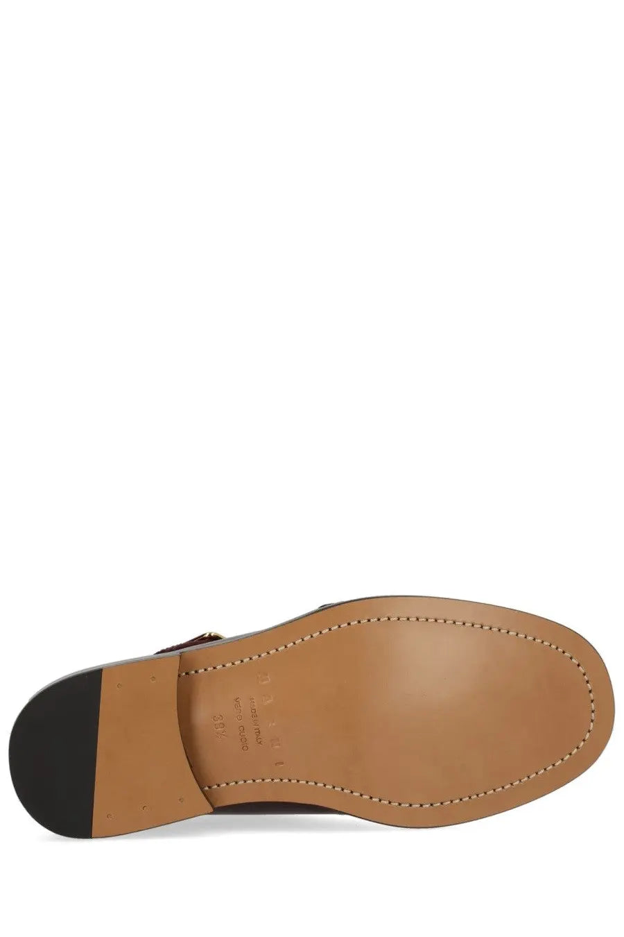 Marni womens moccasin sabot bambi red brown leather shoe with black rubber sole and tan stitching along the edge