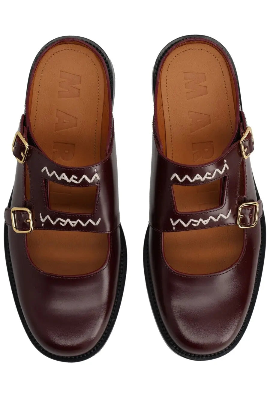 Marni women’s moccasin sabot bambi red burgundy leather mules with gold-tone buckles and white zigzag stitching