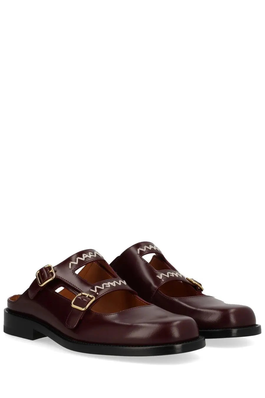 Marni women’s moccasin sabot bambi red burgundy leather mules with gold-tone buckles and white zigzag stitching
