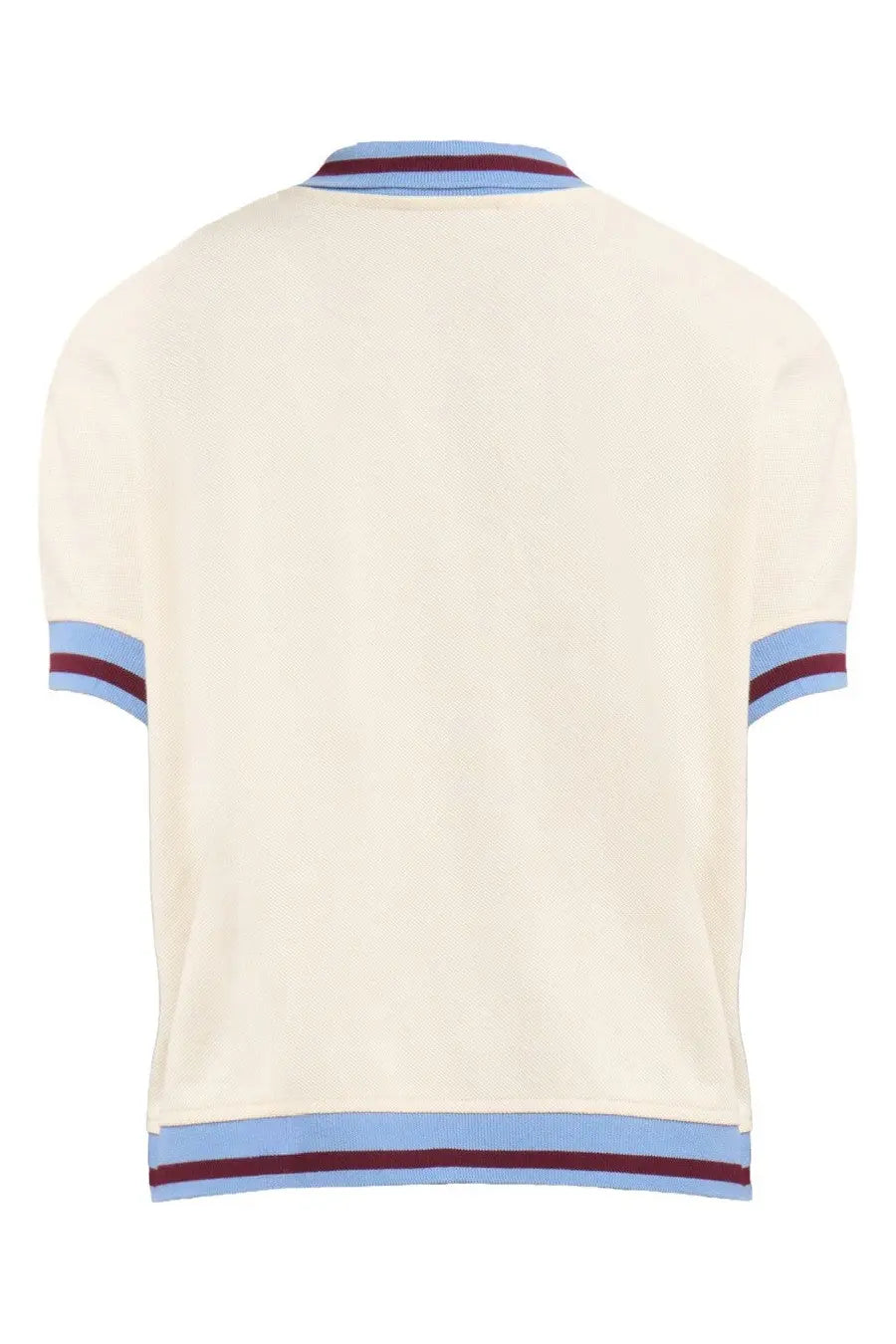Marni women’s cream-colored knit polo shirt with light blue and maroon striped trim on collar sleeves and hem