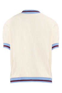 Marni women’s cream knit polo shirt with light blue and maroon striped collar sleeves and hem trim