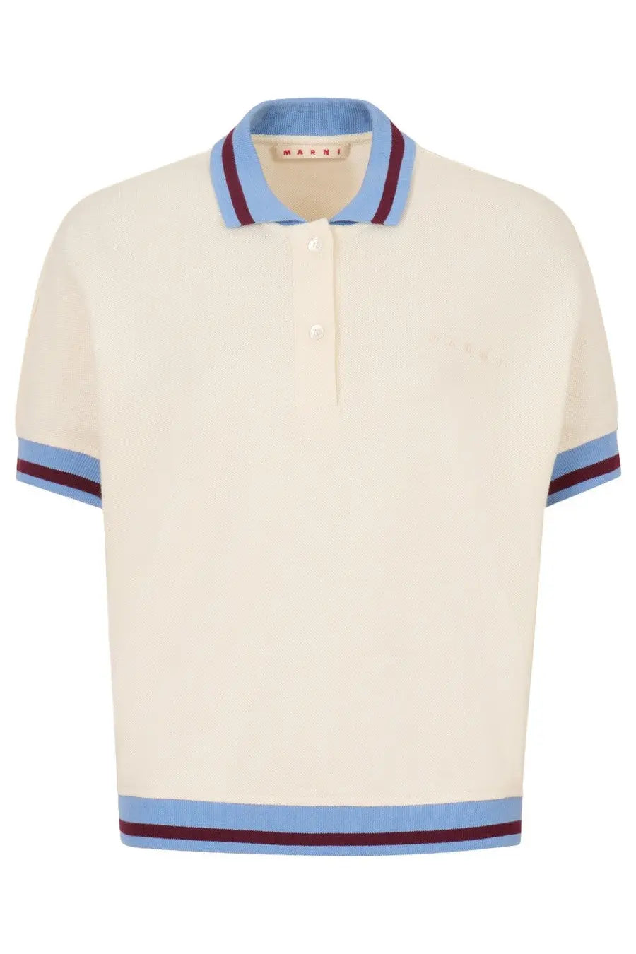 Cream-colored Marni women’s polo shirt with light blue and burgundy striped trim on collar sleeves and hem