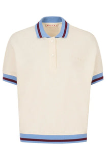 Cream-colored Marni women’s polo shirt with light blue and burgundy striped trim on collar sleeves and hem