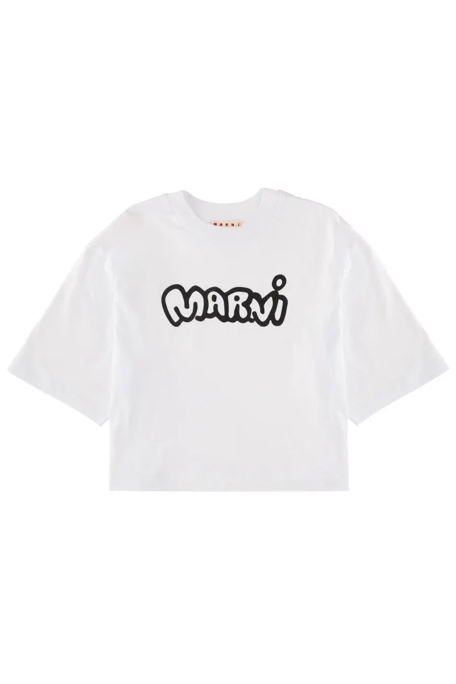 Marni women’s white cropped t-shirt with bold black marni logo in playful outlined font across the chest