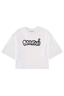 Marni women’s white cropped t-shirt with bold black marni logo in playful outlined font across the chest