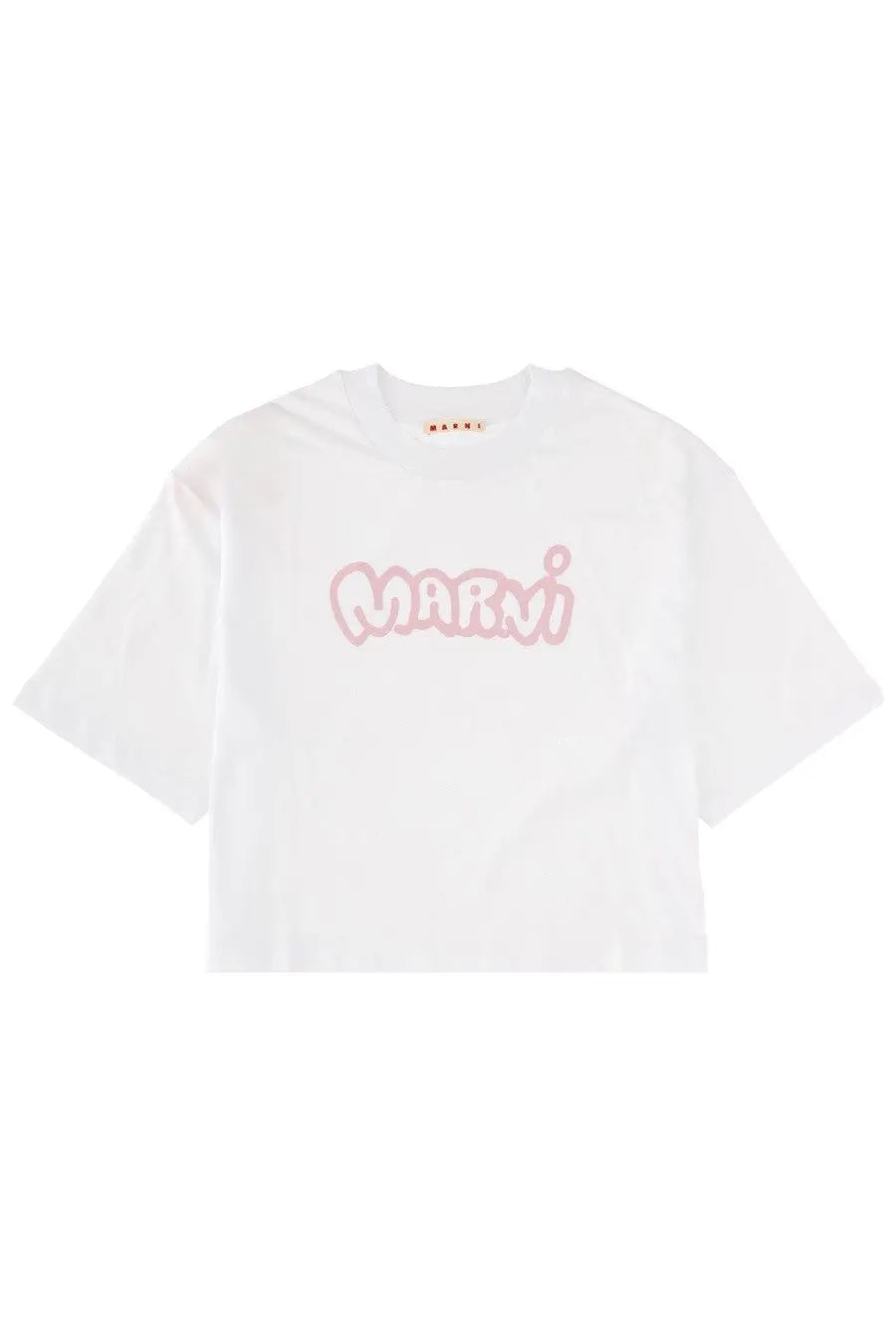White cropped cotton t-shirt for women with a pink bubbly marni logo printed across the chest