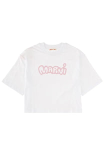 White cropped cotton t-shirt for women with a pink bubbly marni logo printed across the chest