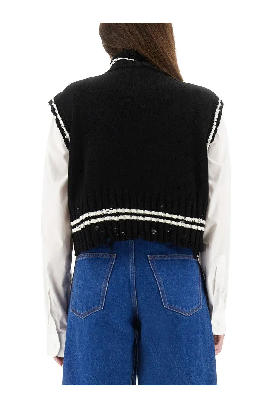 Marni women’s short black knitted cotton sleeveless vest with white trim and two horizontal stripes at the hem