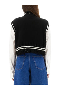 Marni women’s short black knitted cotton sleeveless vest with white trim and two horizontal stripes at the hem