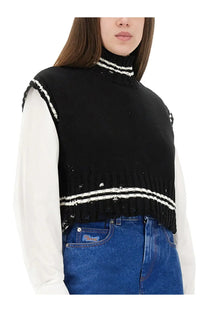 Black knitted sleeveless marni cotton vest with white ribbed trim and frayed hem for women
