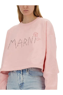 Marni women’s pink cropped sweatshirt with marni embroidery and rose design in black thread