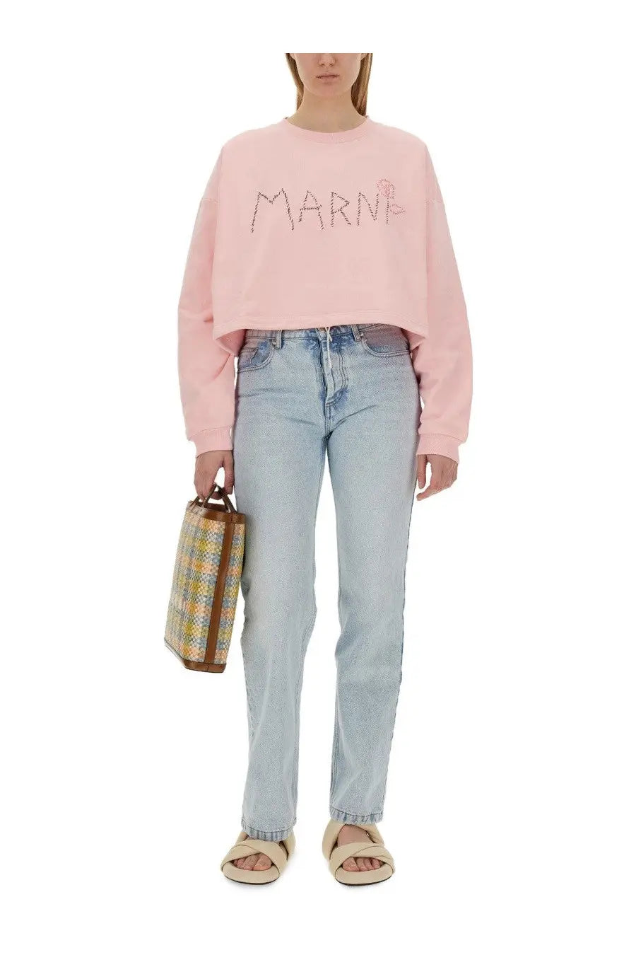 Pink Marni women’s cropped sweatshirt with silver embroidered logo across the chest in soft cotton fabric