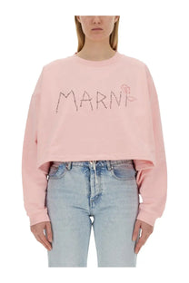 Pink cropped sweatshirt by marni with black embroidered logo and small rose detail in womens blue sweatshirt collection