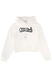 Marni women’s white cropped hoodie with black embroidered logo across the chest in cotton material