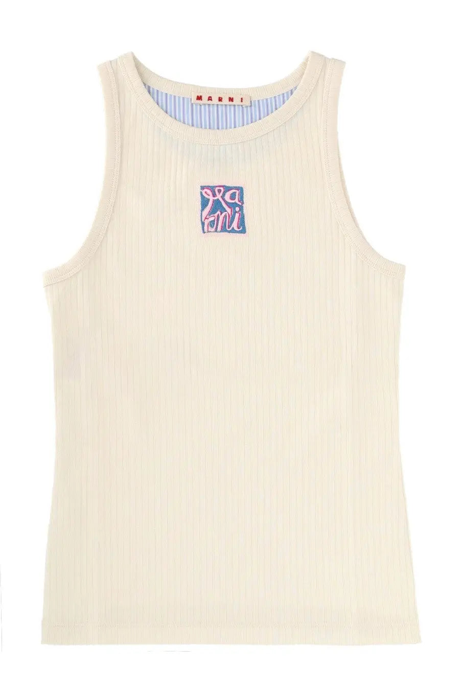 Marni women’s beige cream-colored ribbed tank top with blue and pink embroidered logo on the chest