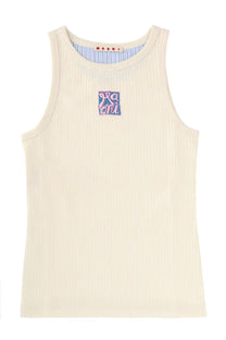 Marni women’s beige cream-colored ribbed tank top with blue and pink embroidered logo on the chest