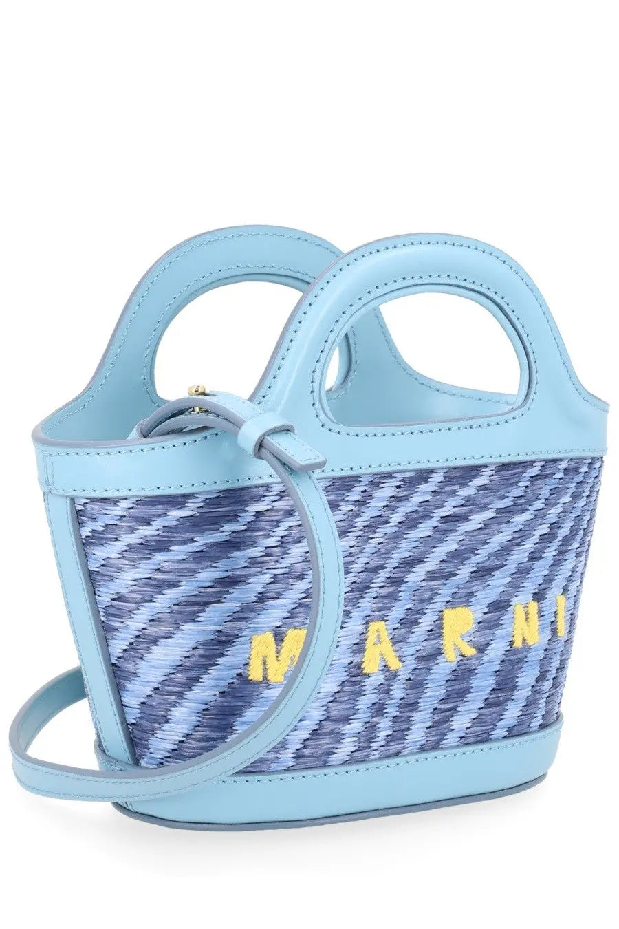 Light blue woven marni women’s tropicalia bag with textured pattern and yellow marni branding on the front