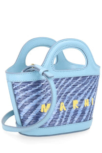 Light blue woven marni women’s tropicalia bag with textured pattern and yellow marni branding on the front