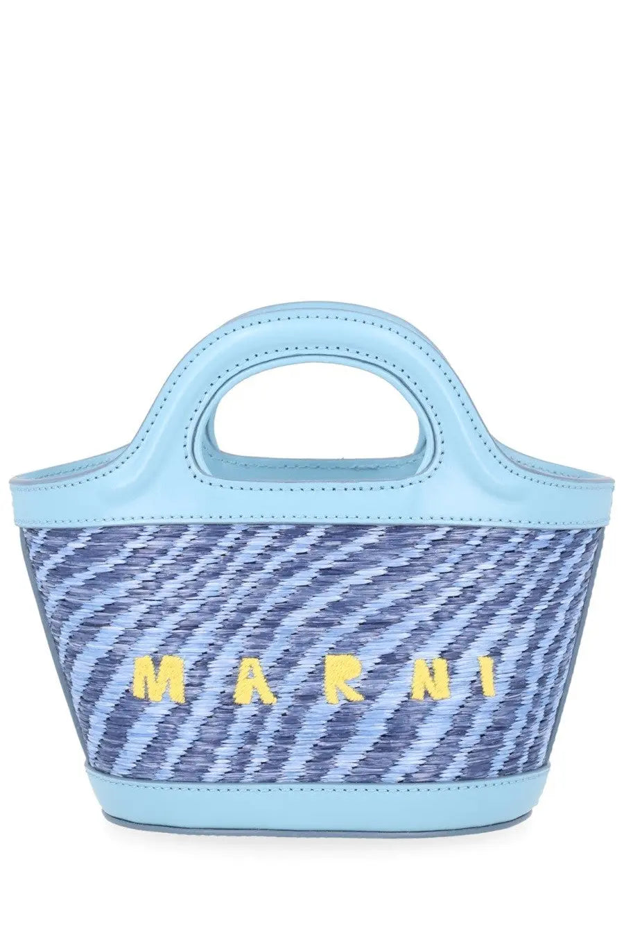 Light blue woven Marni tropicalia tote bag with bold yellow logo across the front for women