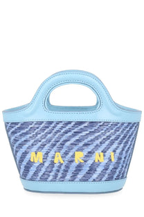 Light blue woven Marni tropicalia tote bag with bold yellow logo across the front for women