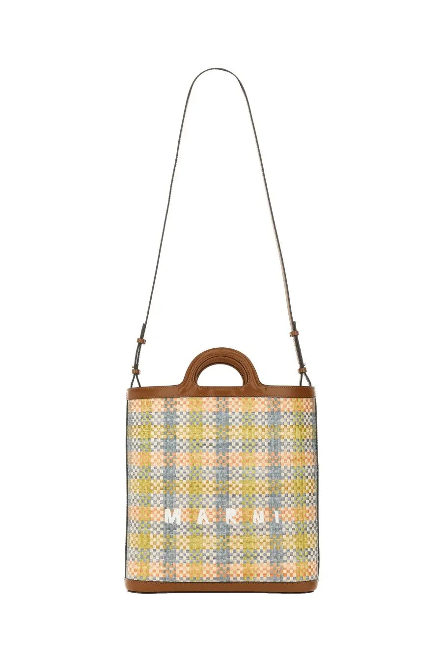 Marni women’s tropicalia pastel plaid woven tote bag with brown leather handles and white logo lettering