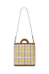 Marni women’s tropicalia pastel plaid woven tote bag with brown leather handles and white logo lettering