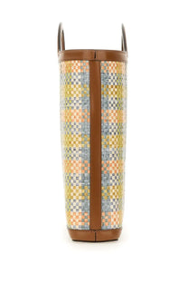 Marni women’s tropicalia woven tote bag with pastel checkered pattern and brown leather trim on handles and base