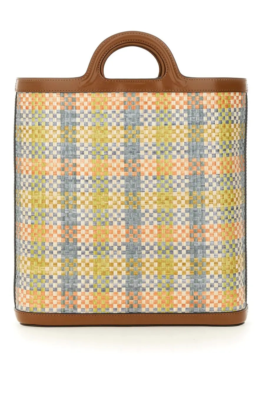 Marni women’s tropicalia woven tote bag with colorful peach blue yellow plaid and brown leather trim and handles