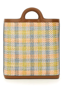 Marni women’s tropicalia woven tote bag with colorful peach blue yellow plaid and brown leather trim and handles