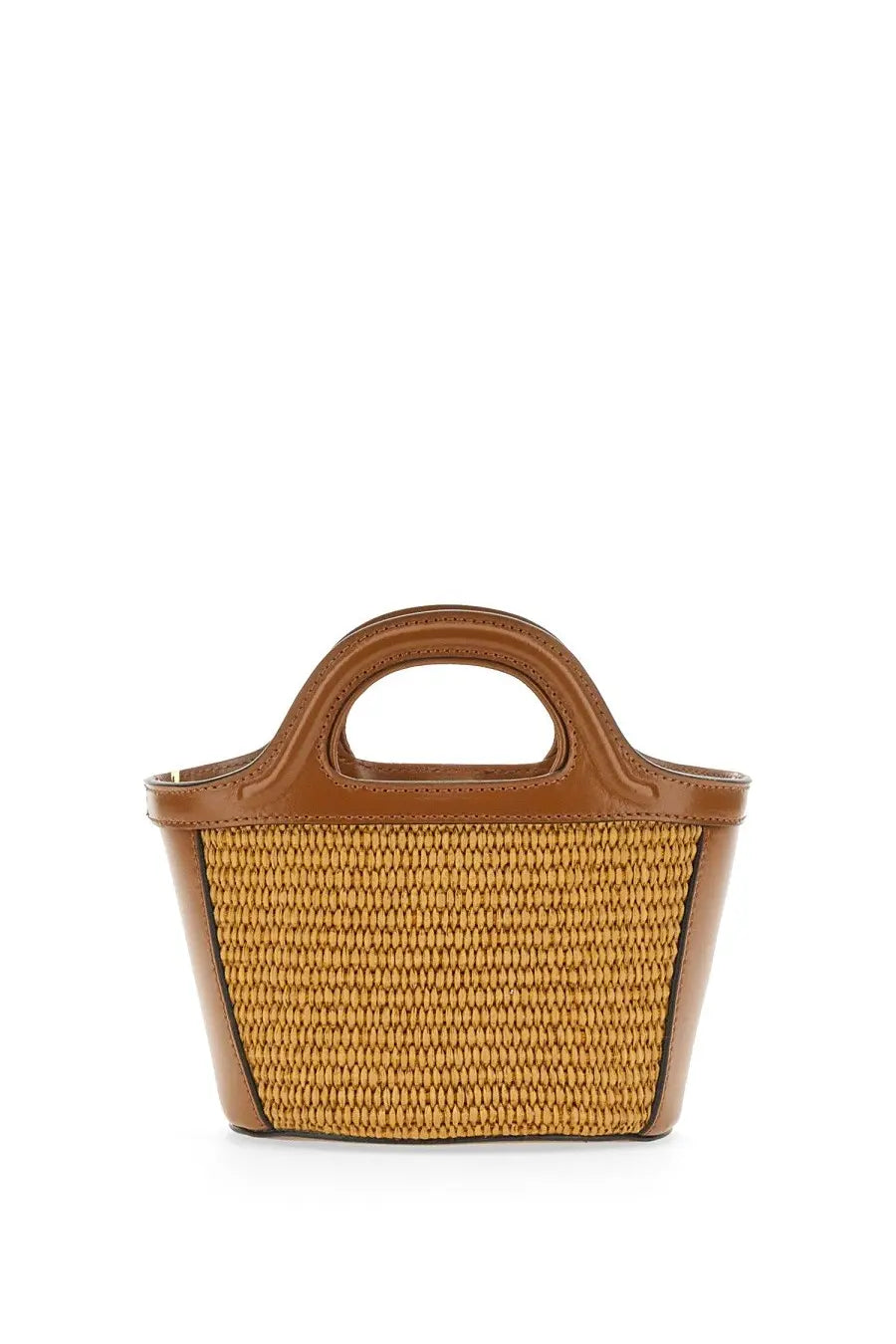 A tan woven straw marni womens tropicalia micro bag with brown leather trim and handles
