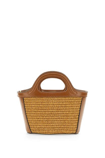 A tan woven straw marni womens tropicalia micro bag with brown leather trim and handles