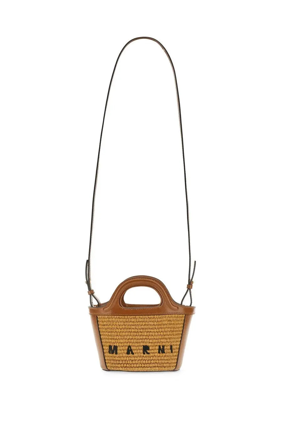 Marni women’s tropicalia micro bag is a tan woven straw mini basket bag with brown leather handles and black logo