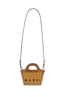 Marni women’s tropicalia micro bag is a tan woven straw mini basket bag with brown leather handles and black logo