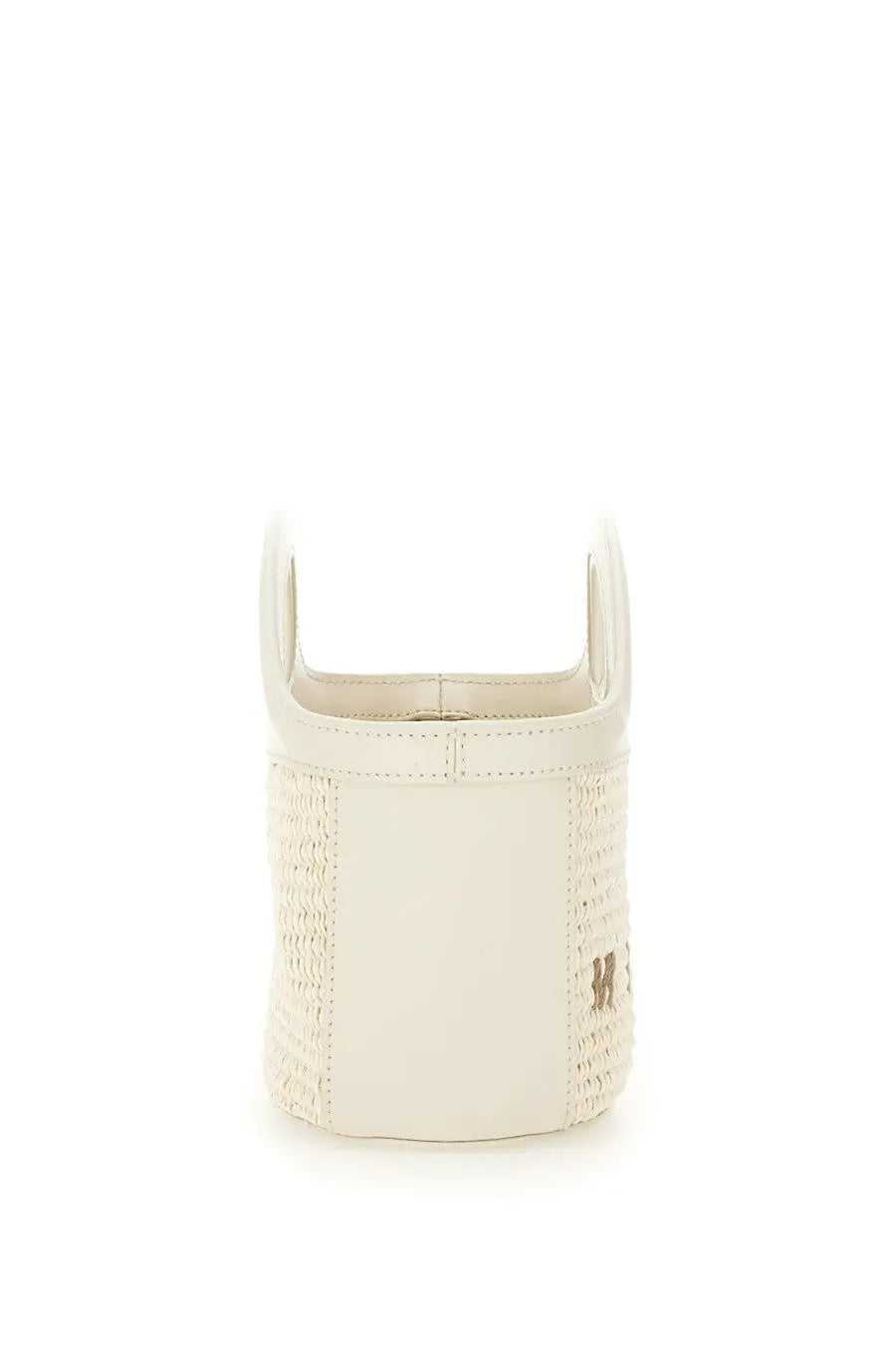Marni women’s tropicalia micro bag pink cream woven leather bucket bag with structured handles and gold-tone logo detail