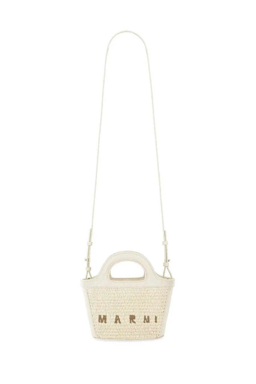 Cream-colored woven straw Marni women’s Tropicalia micro bag with minimalist design and gold embossed logo on front