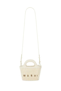 Cream-colored woven straw Marni women’s Tropicalia micro bag with minimalist design and gold embossed logo on front
