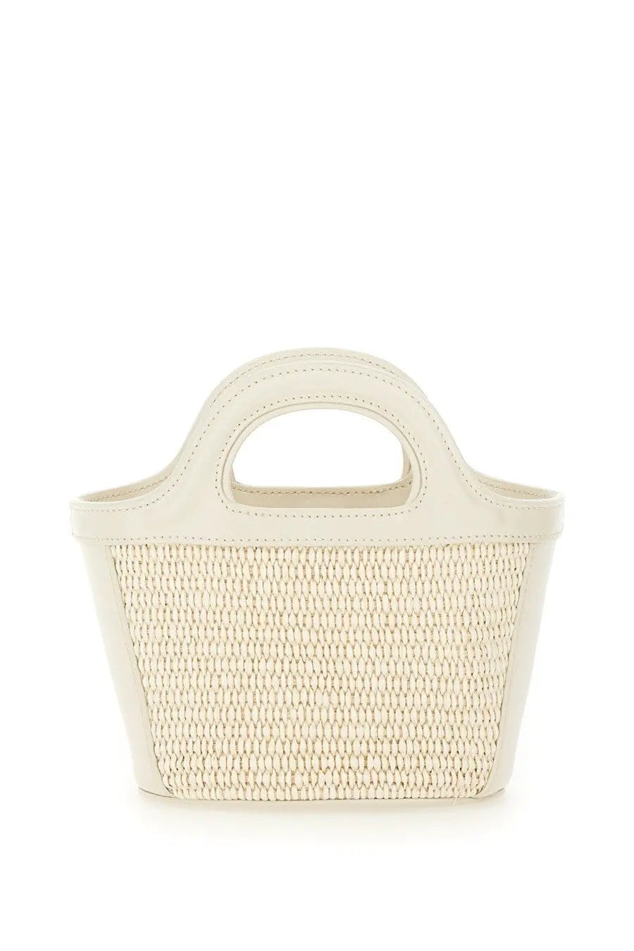 Cream-colored woven straw tote bag with smooth leather trim and handles in marni womens tropicalia micro bag pink collection