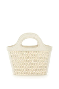 Cream-colored woven straw tote bag with smooth leather trim and handles in marni womens tropicalia micro bag pink collection