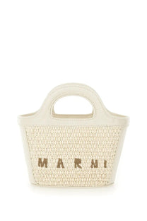 Cream-colored woven structured tote bag with minimalist design and brown marni logo embroidery on front